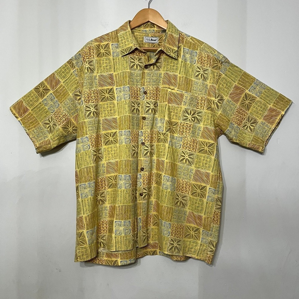 L.L. Bean Men's Tropic Print Shirt Camp Hawaiian Tiki Button Down Summer‎ L Vtg